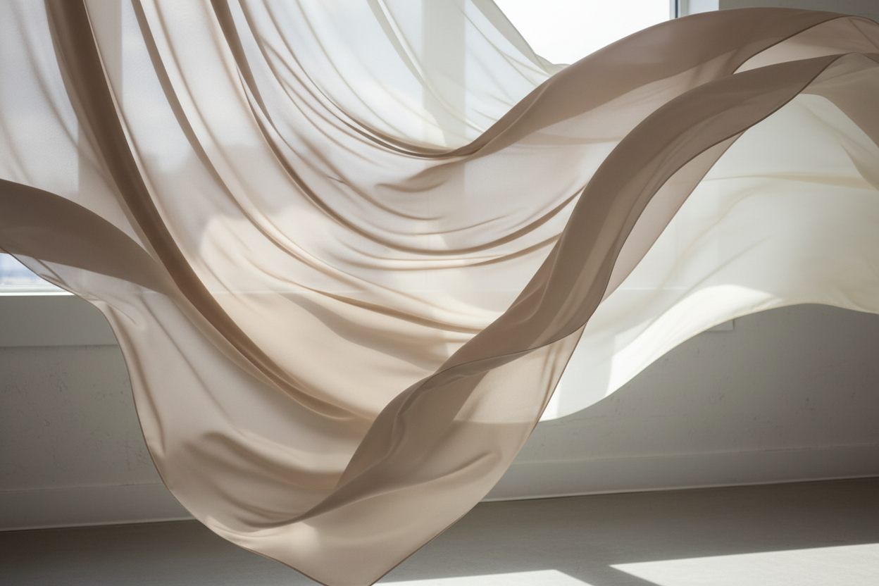 a soft, editorial-style photo — flowing fabric, neutral tones, natural light